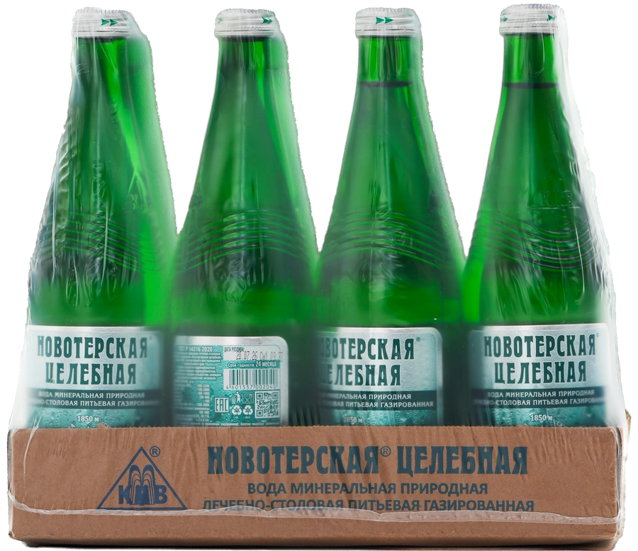 Новотерская Целебная 0,5 л, стекло — упаковка, ракурс